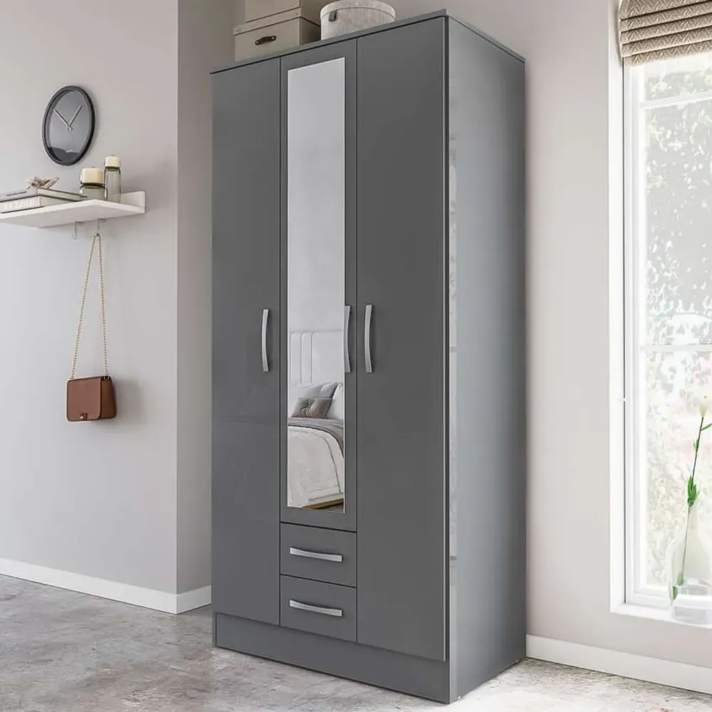 Lynx 3 Door 2 Drawer Mirror Wardrobe - Grey
