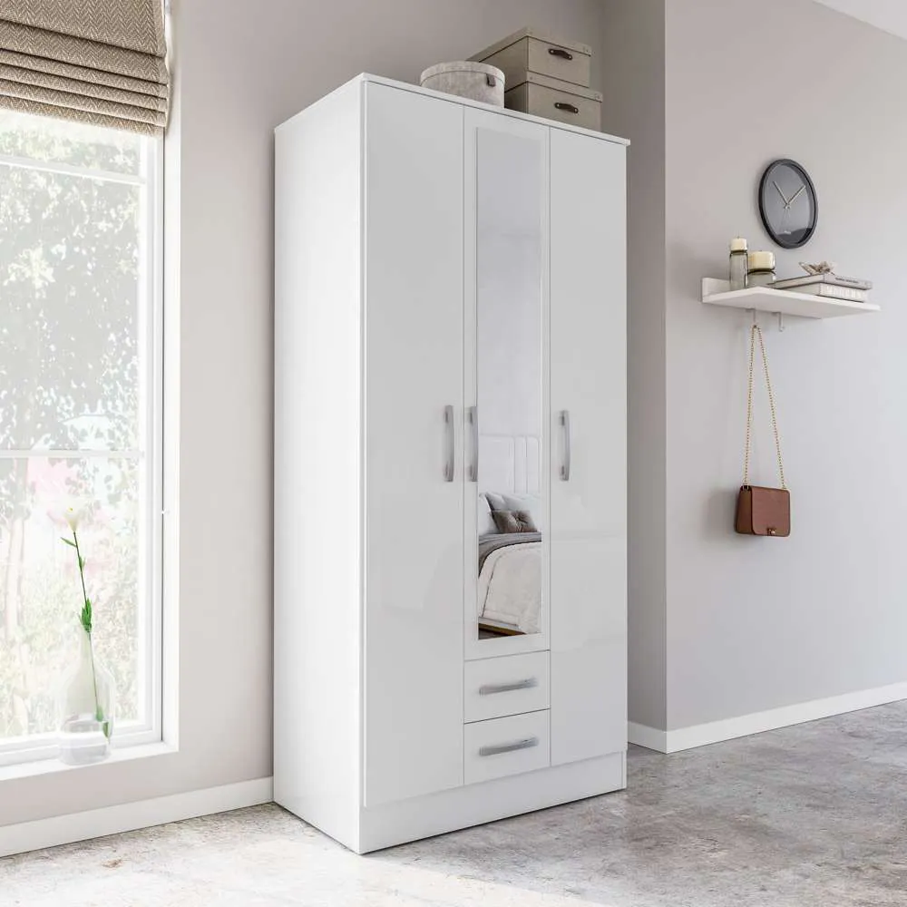 Lynx 3 Door 2 Drawer Mirror Wardrobe - White