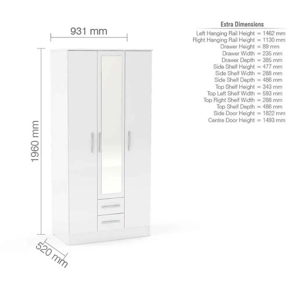 Lynx 3 Door 2 Drawer Mirror Wardrobe - White