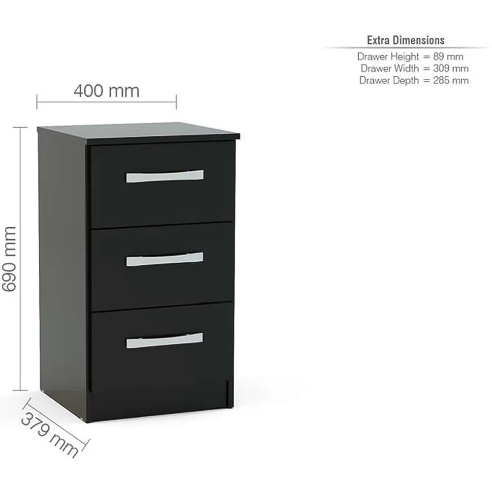Lynx 3 Drawer Bedside Table - Black