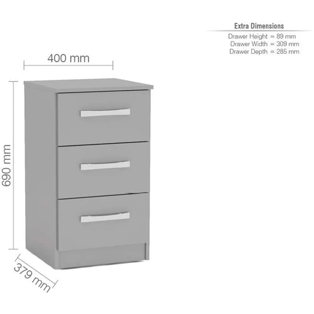 Lynx 3 Drawer Bedside Table - Grey