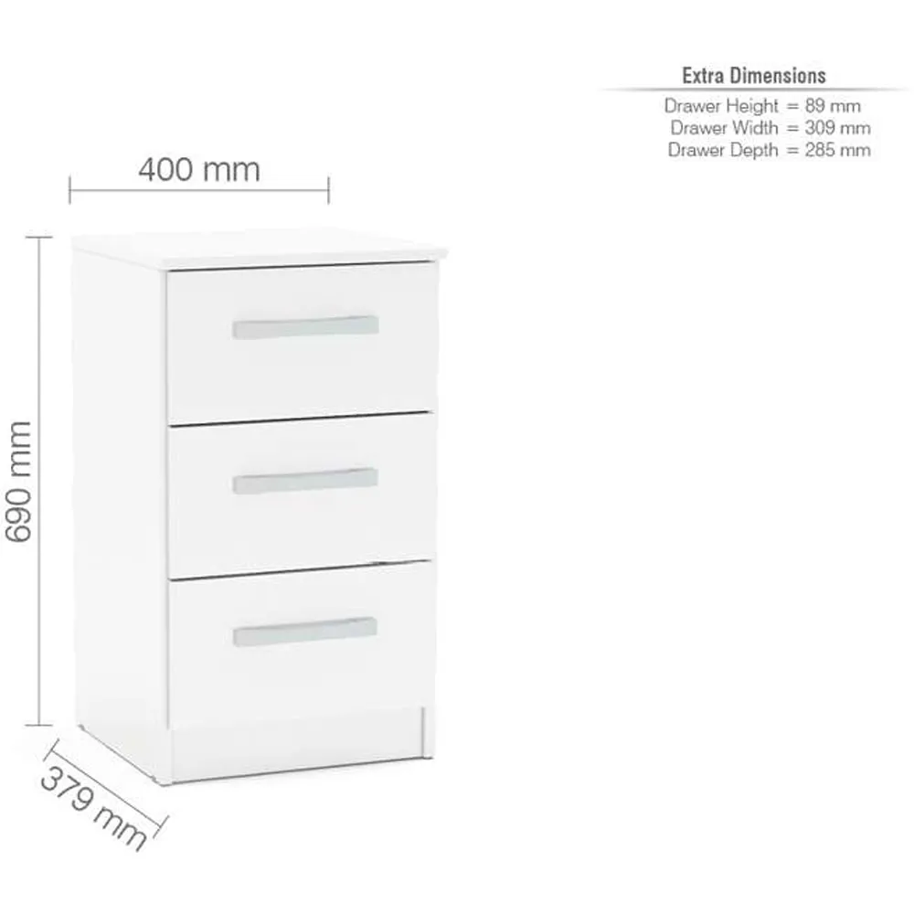 Lynx 3 Drawer Bedside Table - White