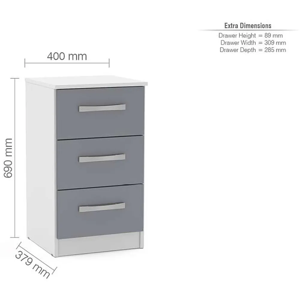 Lynx 3 Drawer Bedside Table - White, Grey