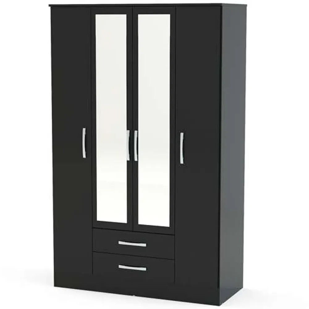Lynx 4 Door 2 Drawer Mirror Wardrobe - Black