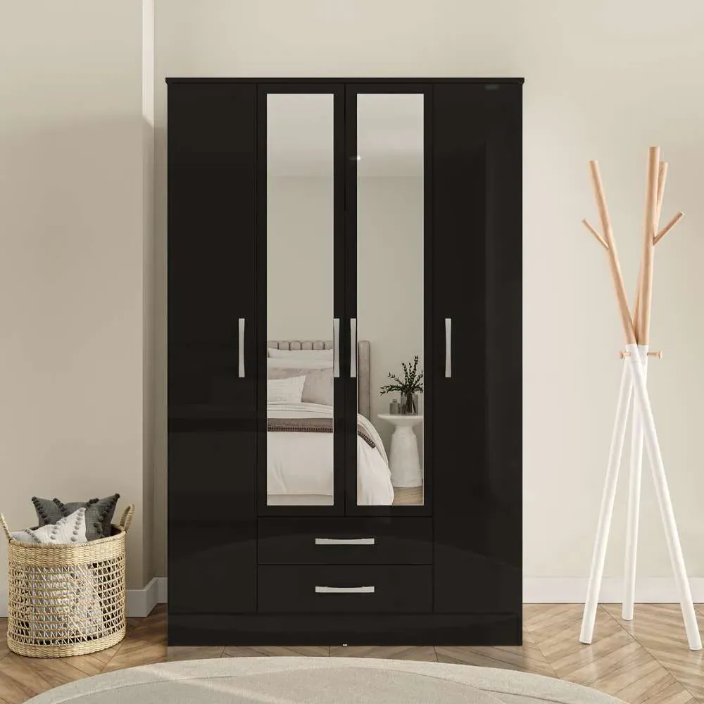 Lynx 4 Door 2 Drawer Mirror Wardrobe - Black