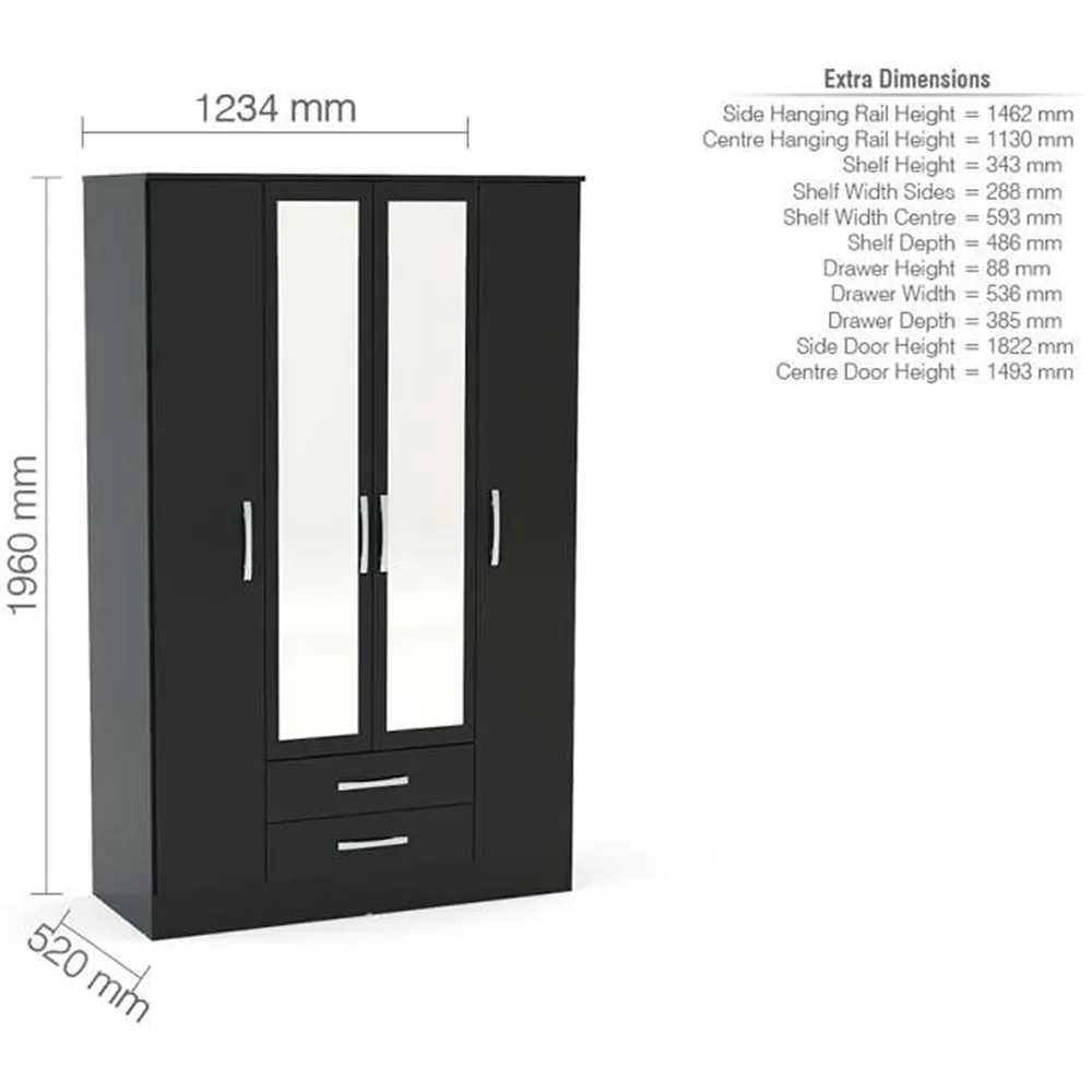 Lynx 4 Door 2 Drawer Mirror Wardrobe - Black