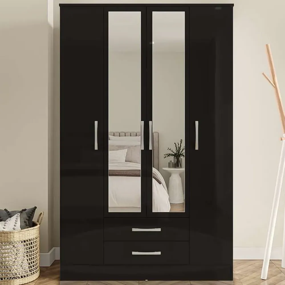 Lynx 4 Door 2 Drawer Mirror Wardrobe - Black image