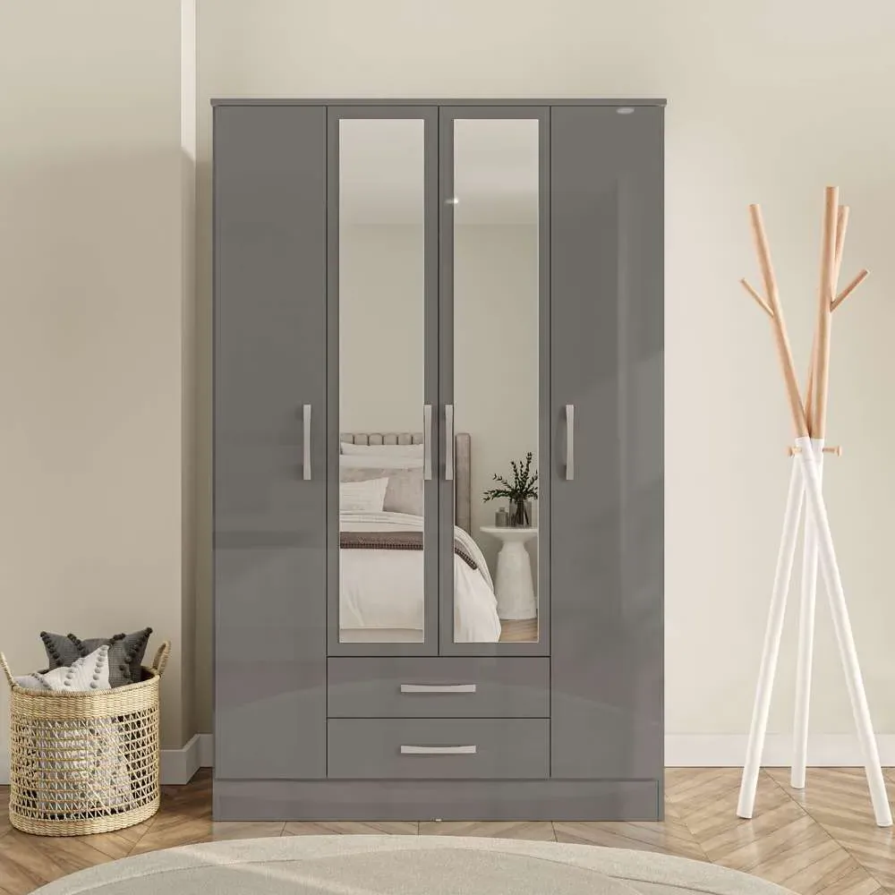Lynx 4 Door 2 Drawer Mirror Wardrobe - Grey