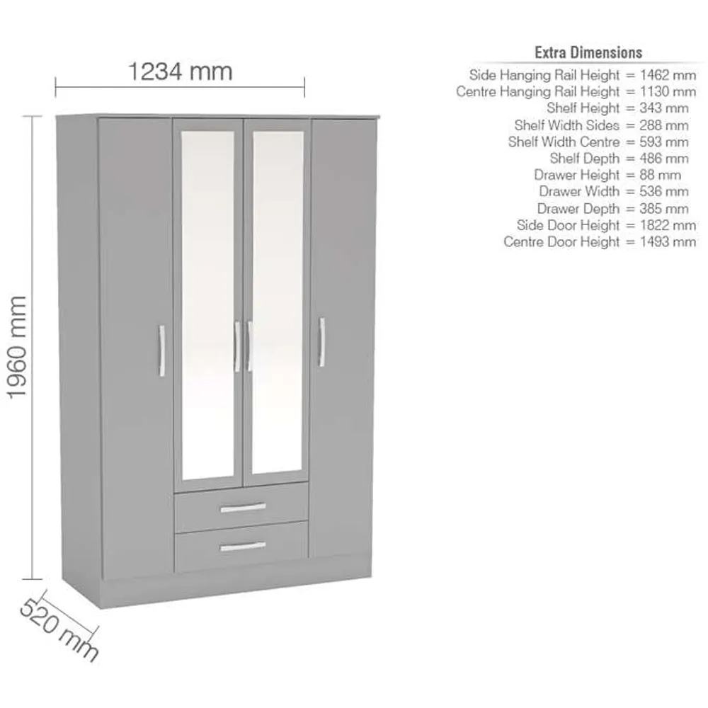 Lynx 4 Door 2 Drawer Mirror Wardrobe - Grey