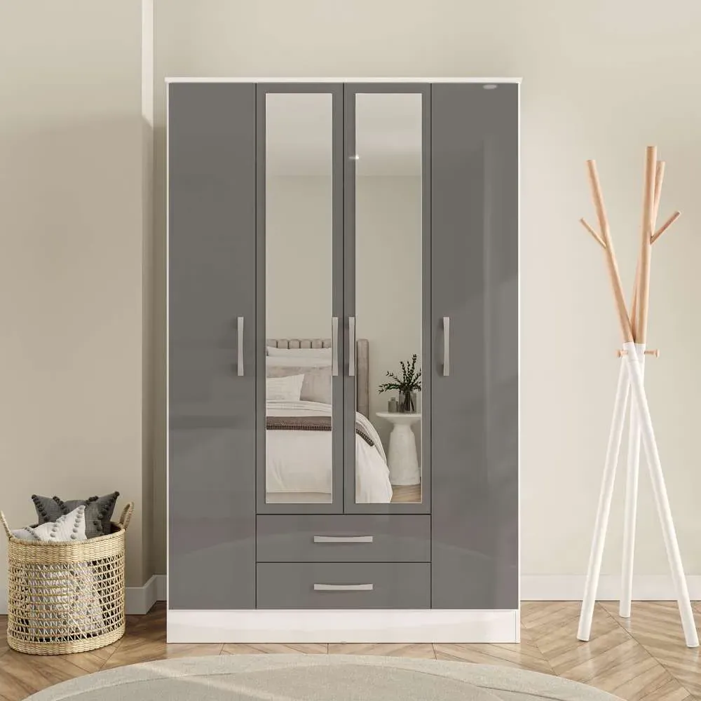 Lynx 4 Door 2 Drawer Mirror Wardrobe - Grey, White