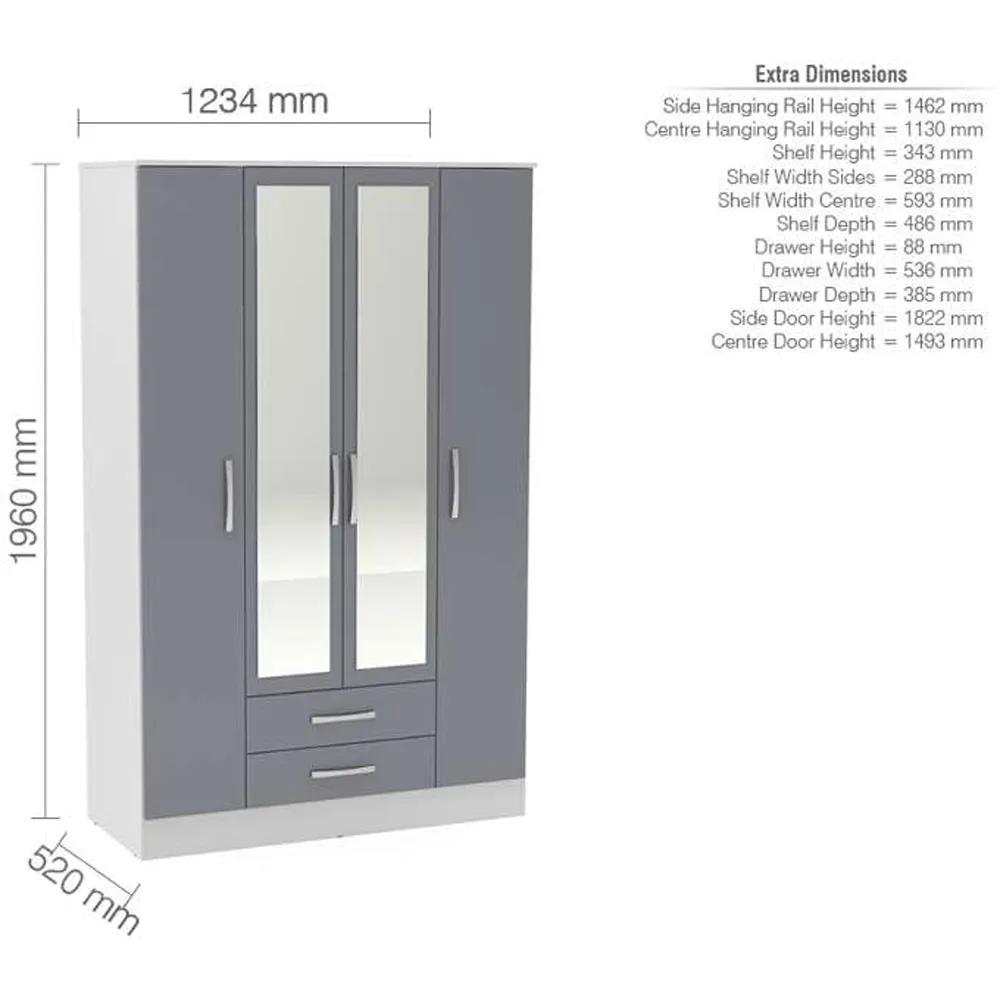 Lynx 4 Door 2 Drawer Mirror Wardrobe - Grey, White
