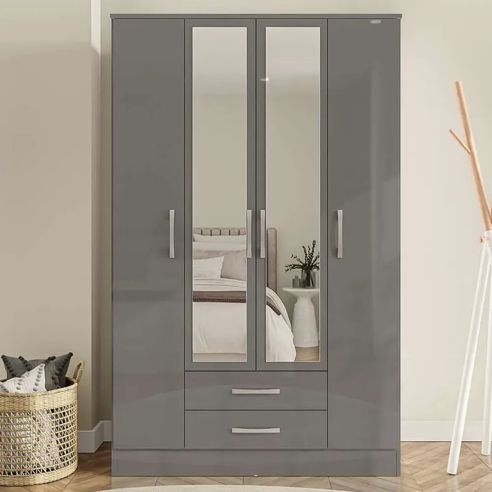 Lynx 4 Door 2 Drawer Mirror Wardrobe - Grey