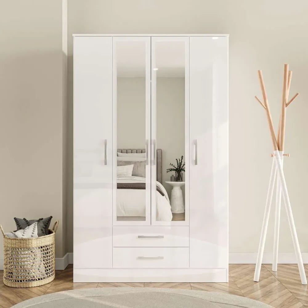Lynx 4 Door 2 Drawer Mirror Wardrobe - White