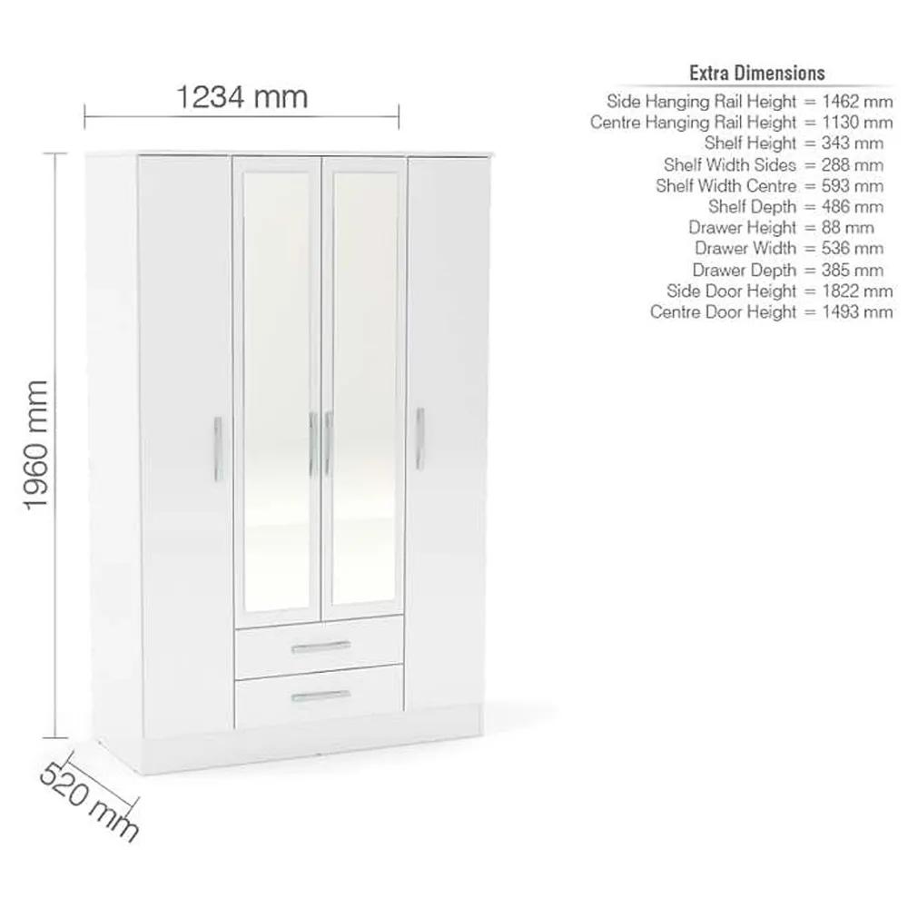 Lynx 4 Door 2 Drawer Mirror Wardrobe - White
