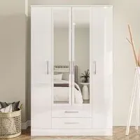 Lynx 4 Door 2 Drawer Mirror Wardrobe - White
