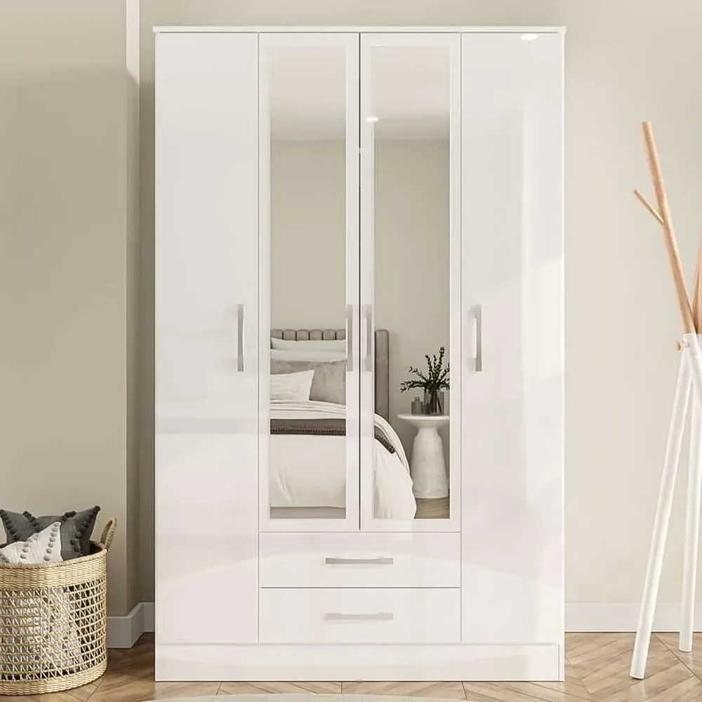 Lynx 4 Door 2 Drawer Mirror Wardrobe - White
