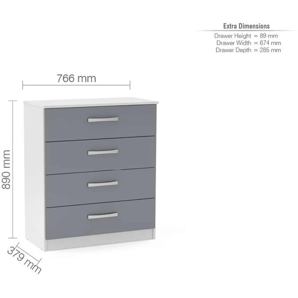 Lynx 4 Drawer Chest of Drawers - White, Grey