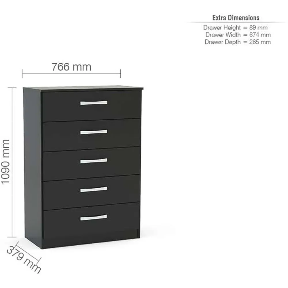 Lynx 5 Drawer Chest of Drawers - Black