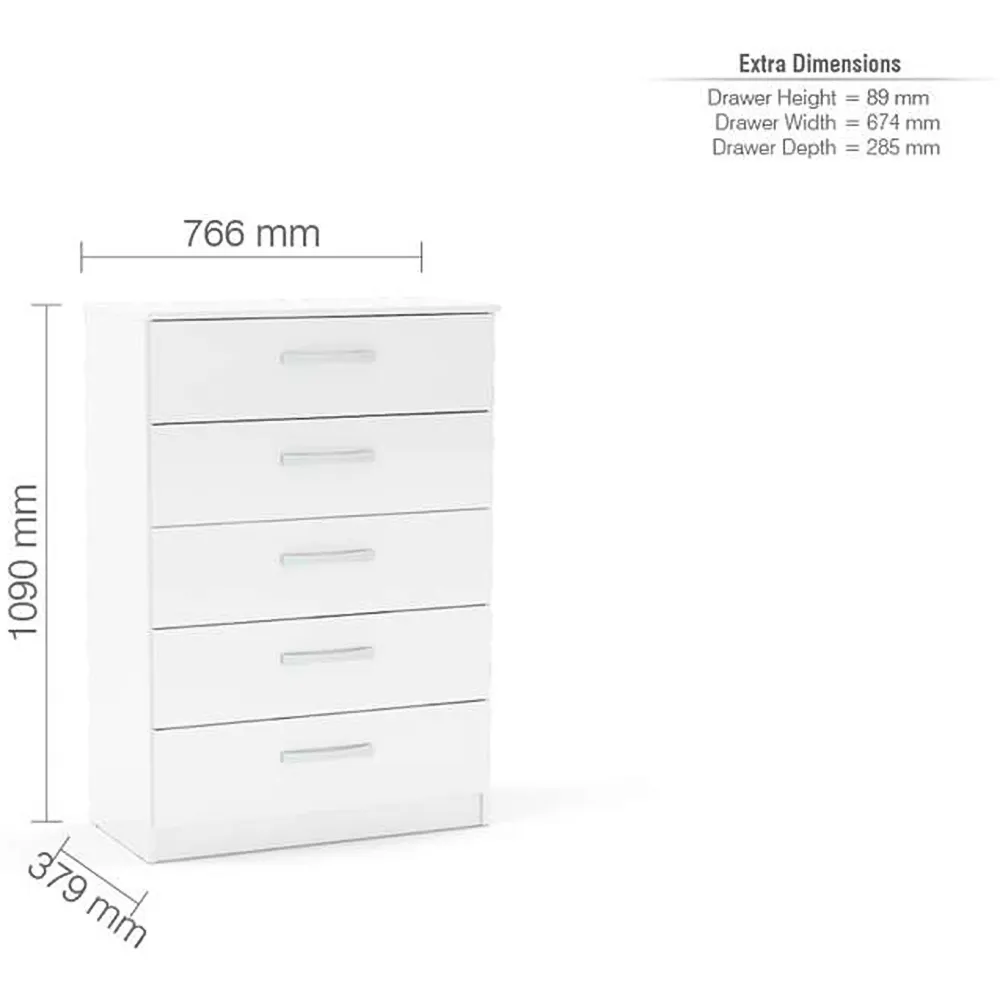 Lynx 5 Drawer Chest of Drawers - White