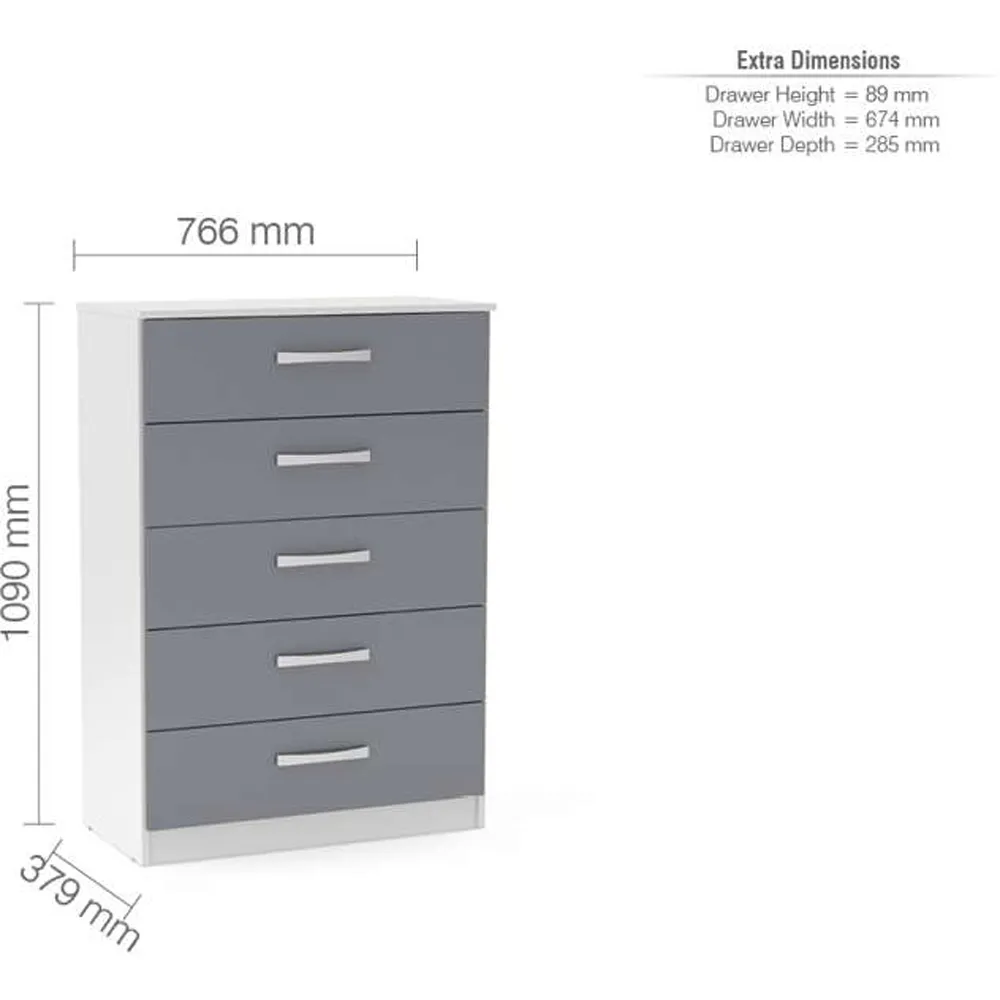 Lynx 5 Drawer Chest of Drawers - White