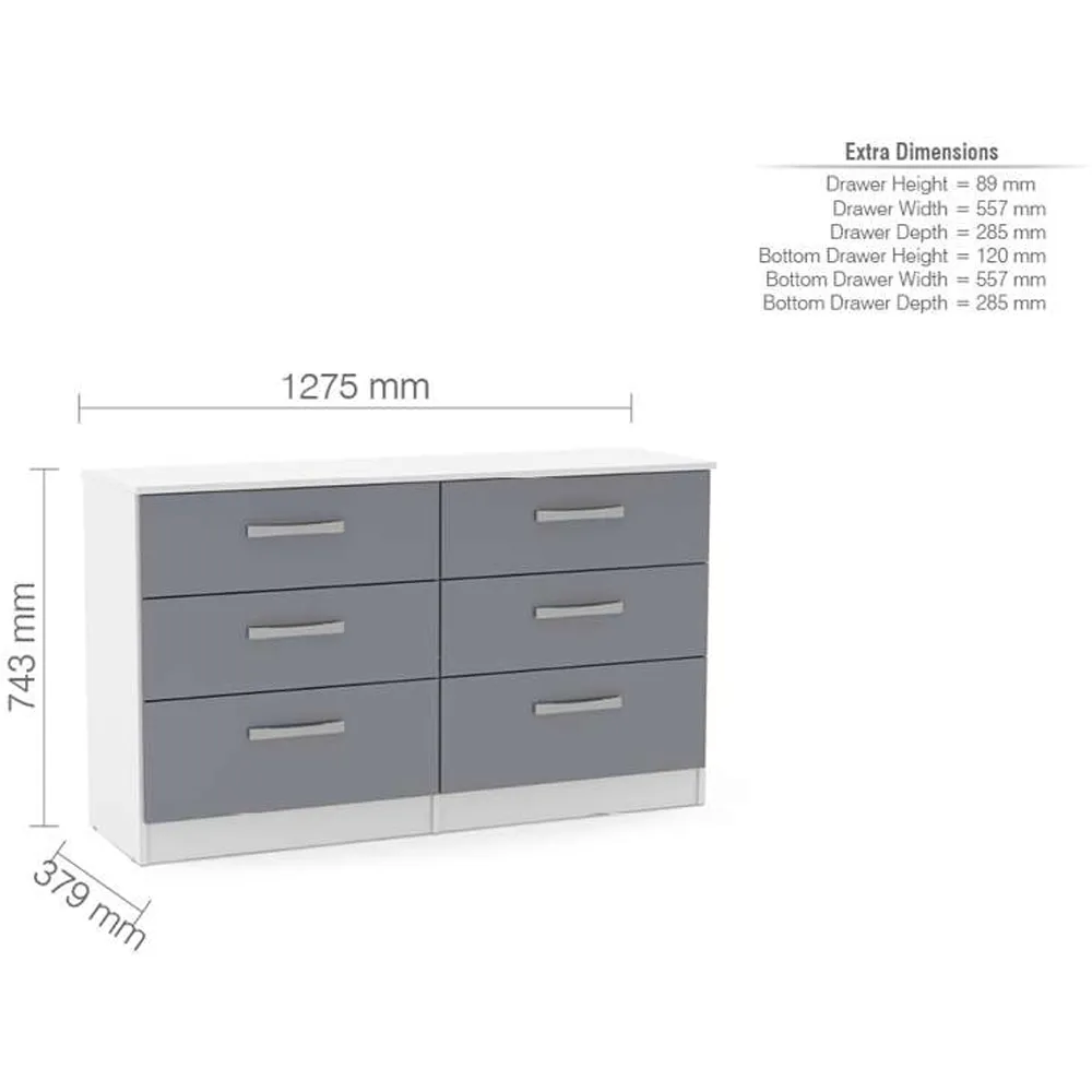 Lynx 6 Drawer Chest of Drawers - Grey, White