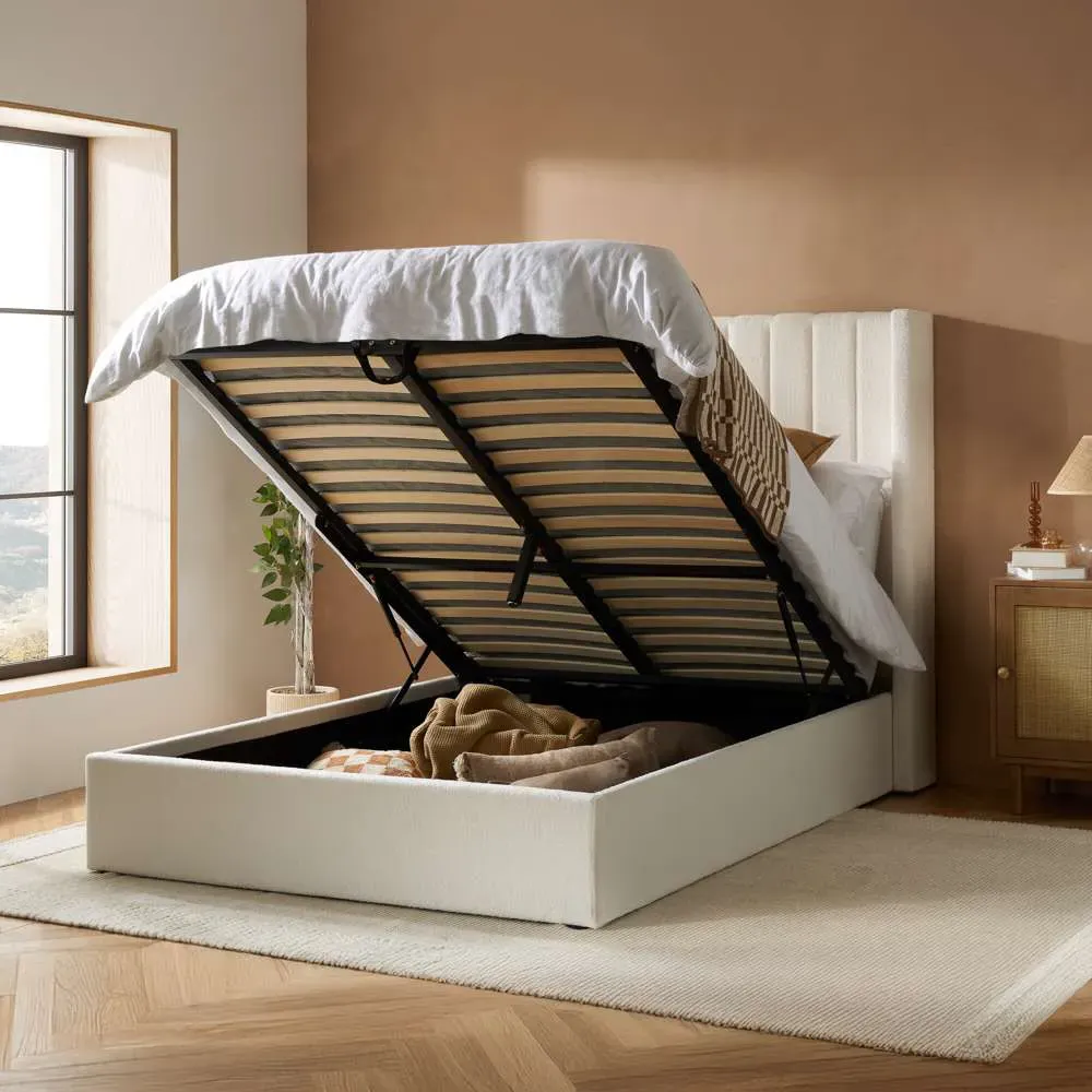 Maisey King Size Ottoman Bed with Storage - White, Boucle