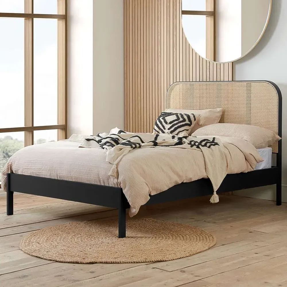 Margot Double Bed with Rattan Headboard - Black image