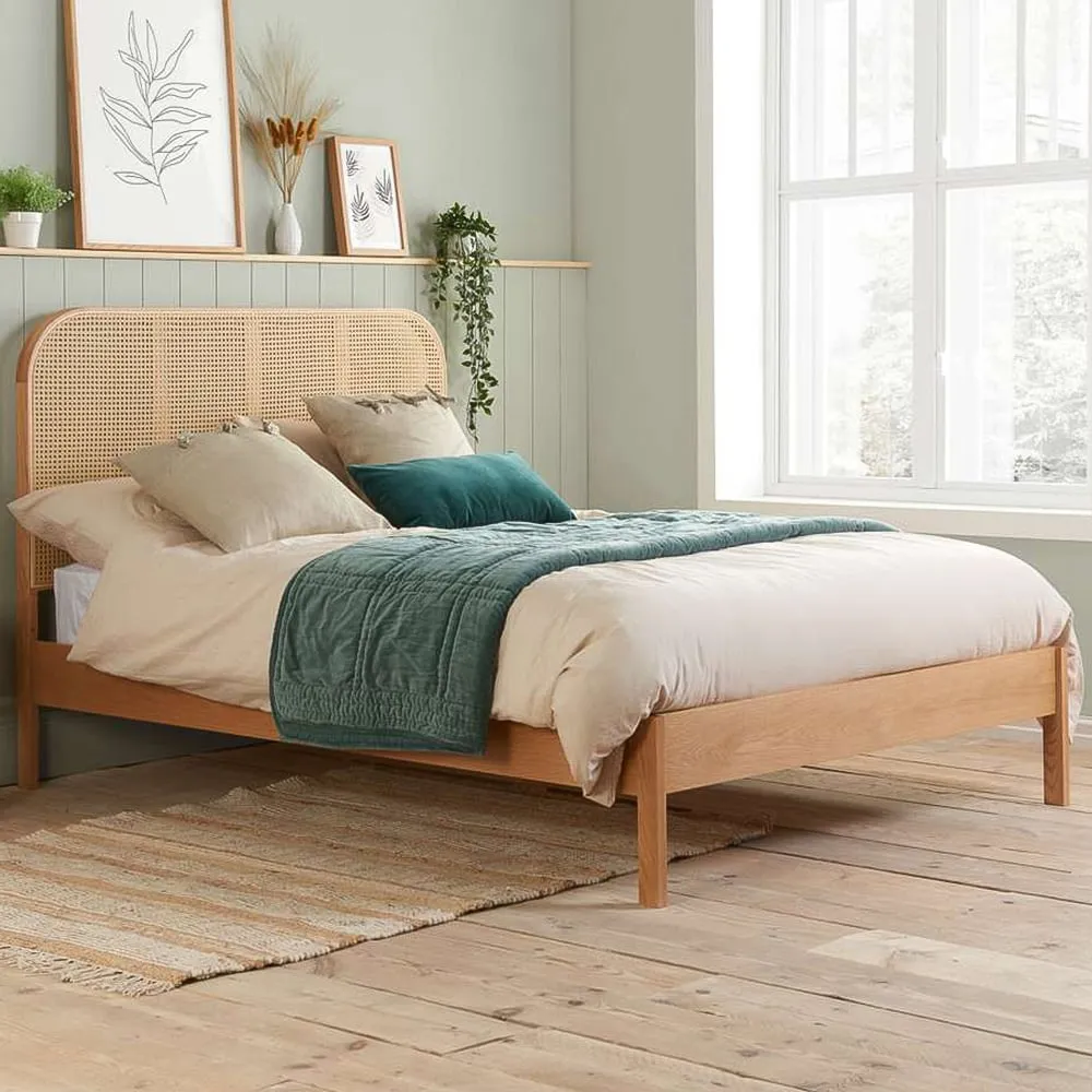 Margot King Size Bed with Rattan Headboard - Oak