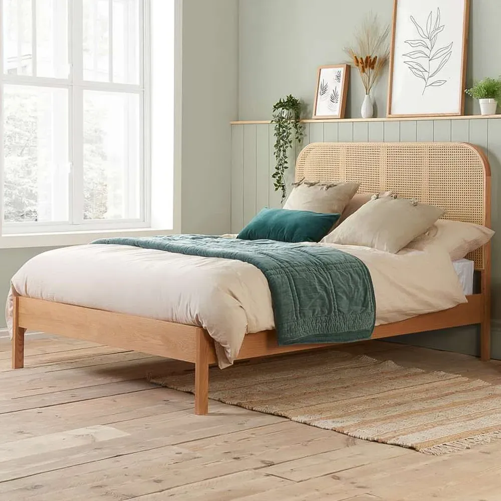 Margot Super King Size Bed with Rattan Headboard - Oak