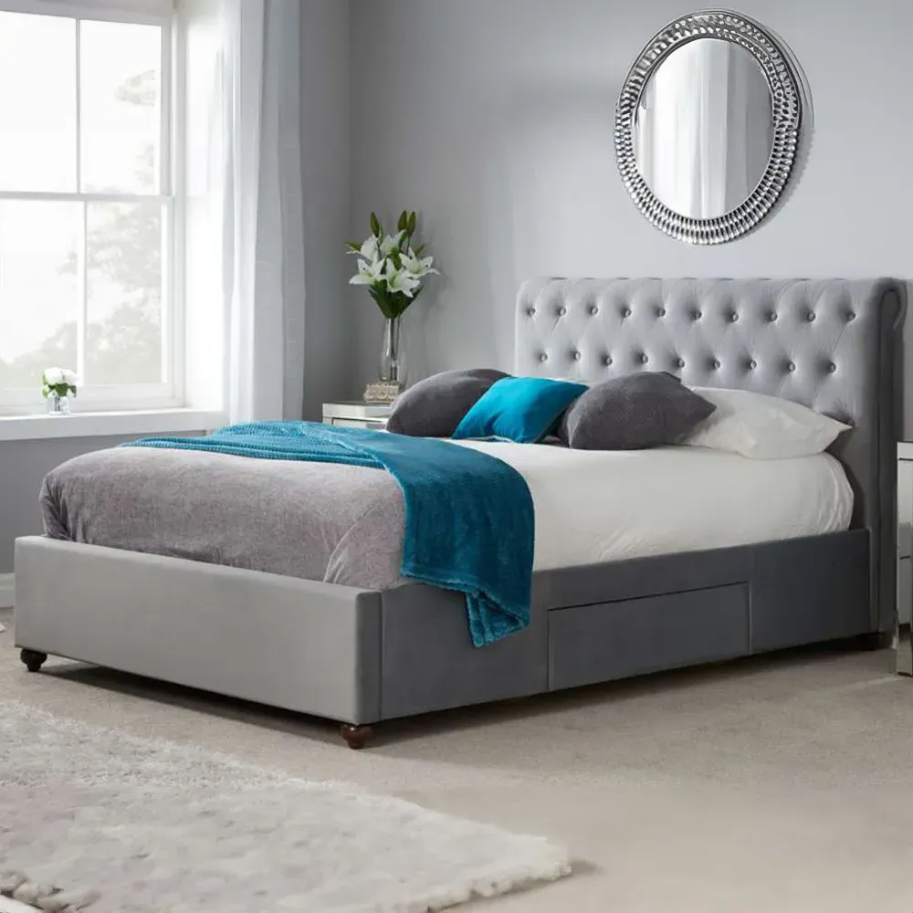 Marlow Double Bed Frame with Storage - Grey, Velvet