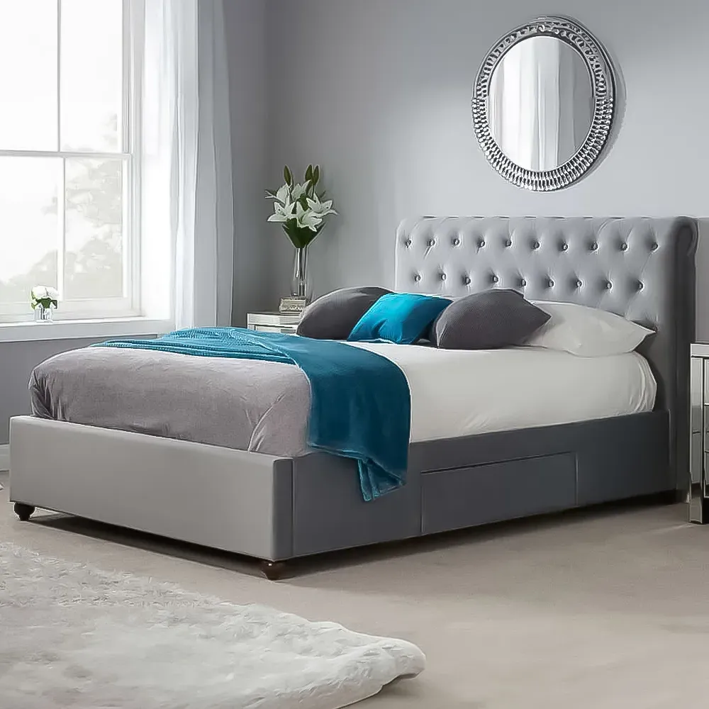 Marlow Super King Bed Frame with Storage - Grey, Velvet
