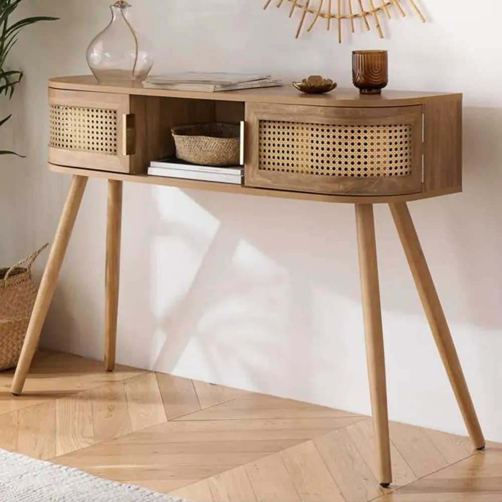 Noah 2 Door Console Table with Shelf - Brown, Rattan Effect