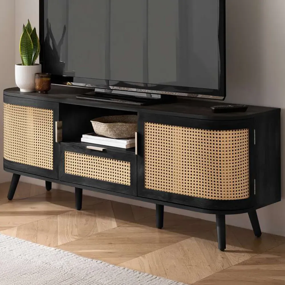 Noah 2 Door TV Unit with Drawer - Black, Rattan
