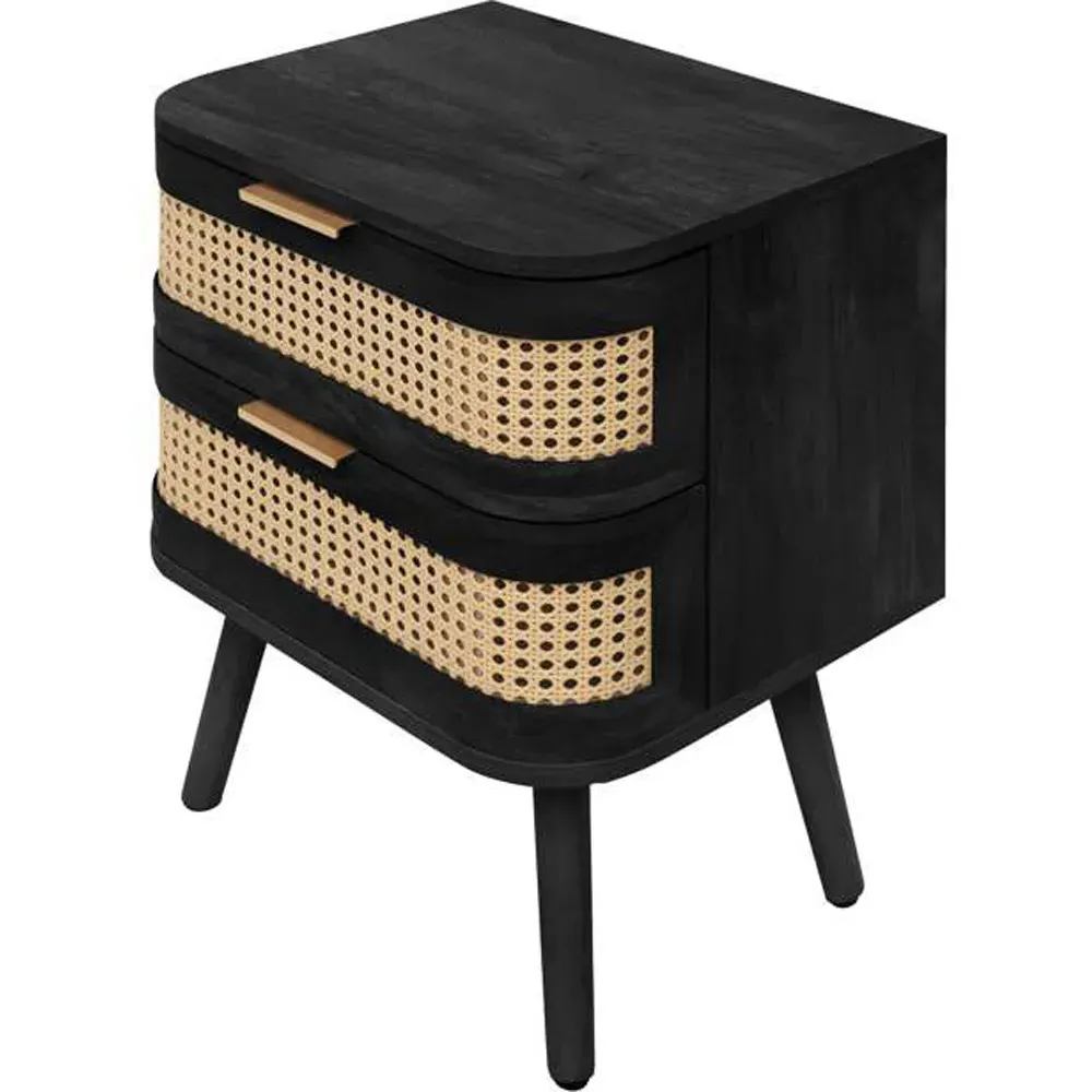 Noah 2 Drawer Bedside Table - Black, Rattan