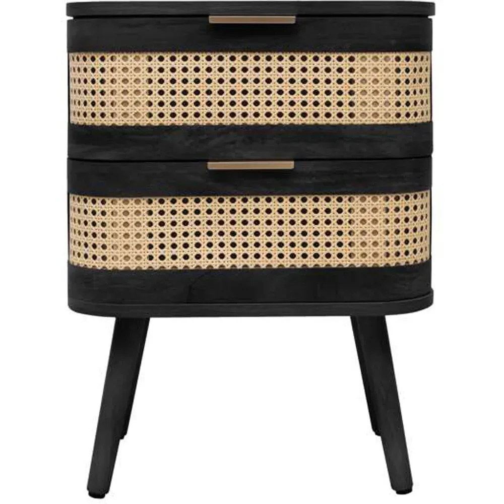 Noah 2 Drawer Bedside Table - Black, Rattan