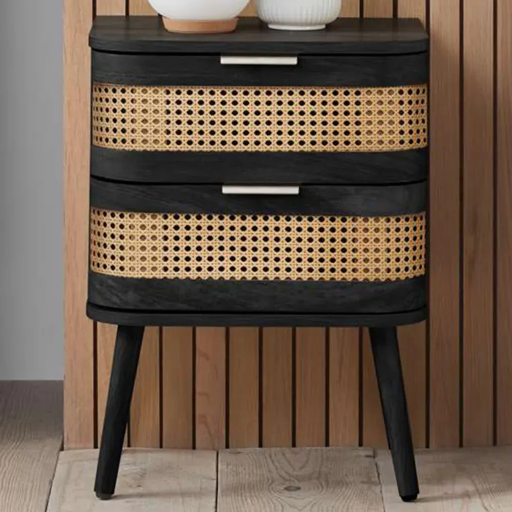 Noah 2 Drawer Bedside Table - Black, Rattan