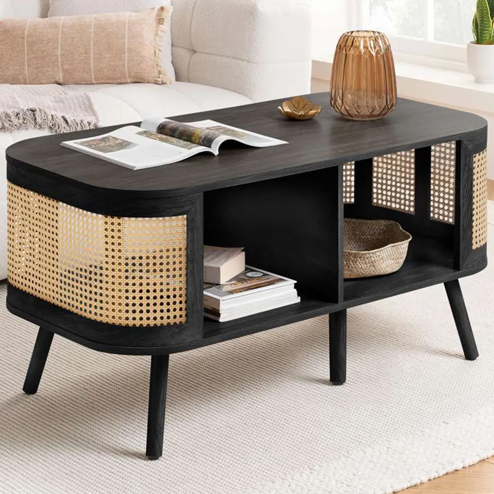 Noah 2 Shelf Coffee Table - Black, Rattan
