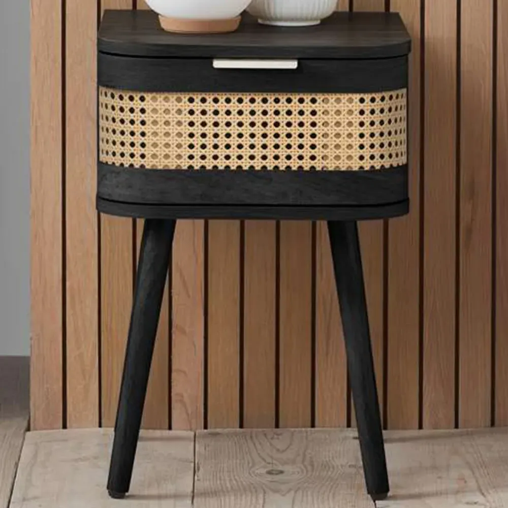 Noah Single Drawer Bedside Table - Black, Rattan image