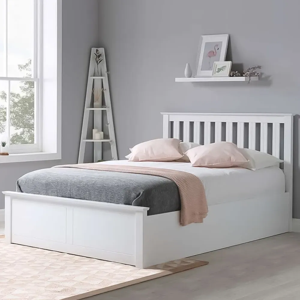 Phoenix Double Ottoman Bed with Storage - White, Rubberwood