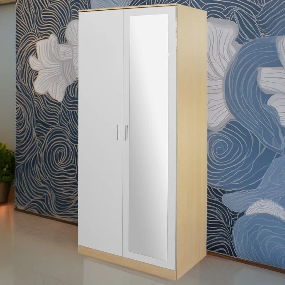 2 Door High Gloss Mirror Wardrobe - White