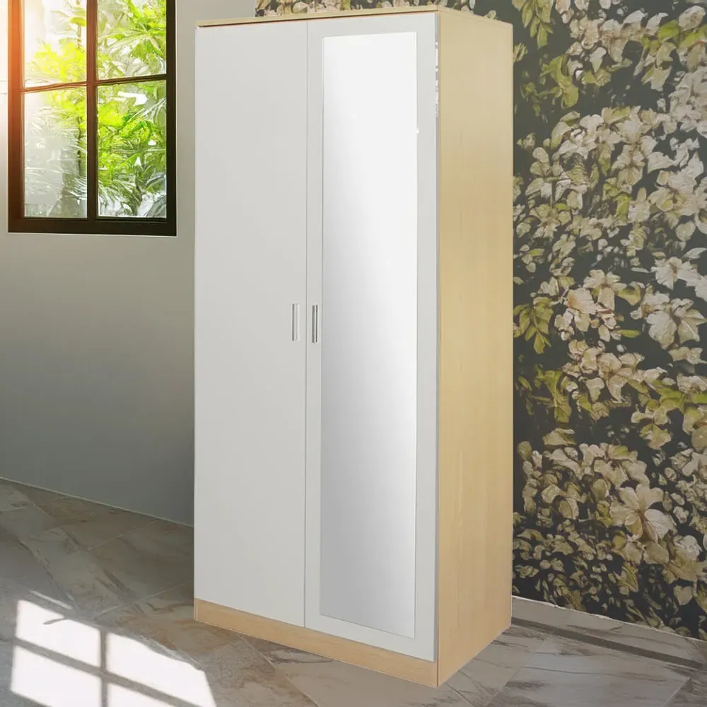 2 Door Mirrored Wardrobe - Oak, Cream
