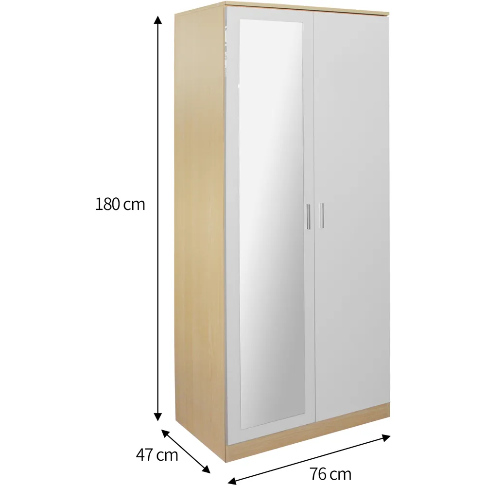 2 Door Mirrored Wardrobe - Oak, White