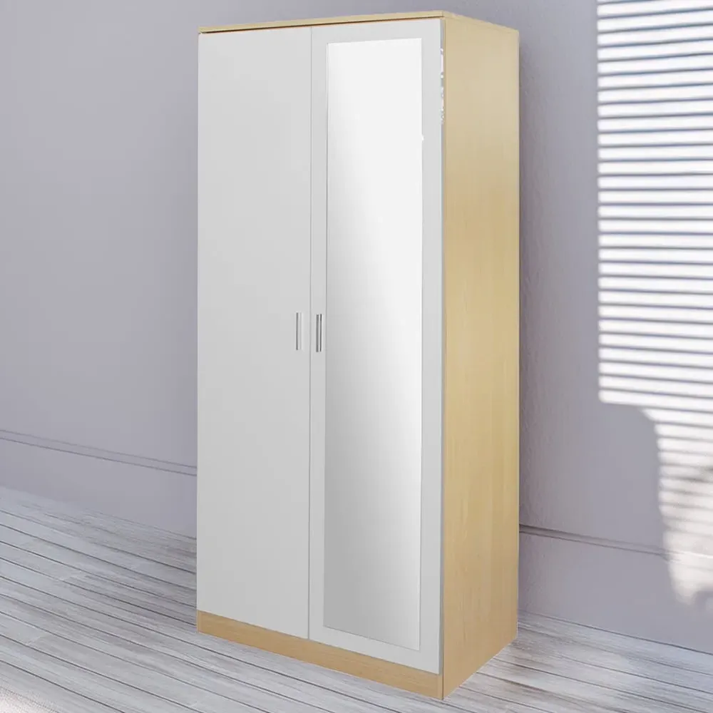 2 Door Mirrored Wardrobe - Oak, White