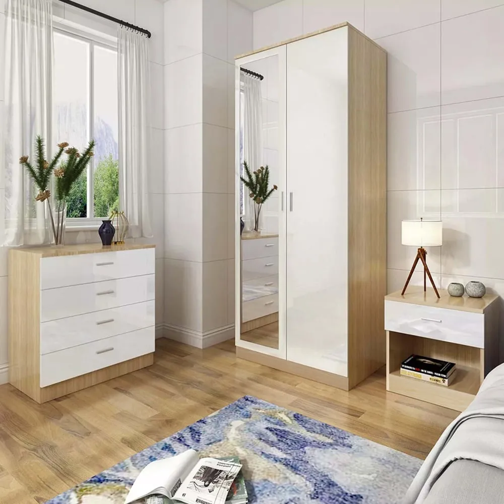 3 Piece Bedroom Furniture Set with Mirror - White