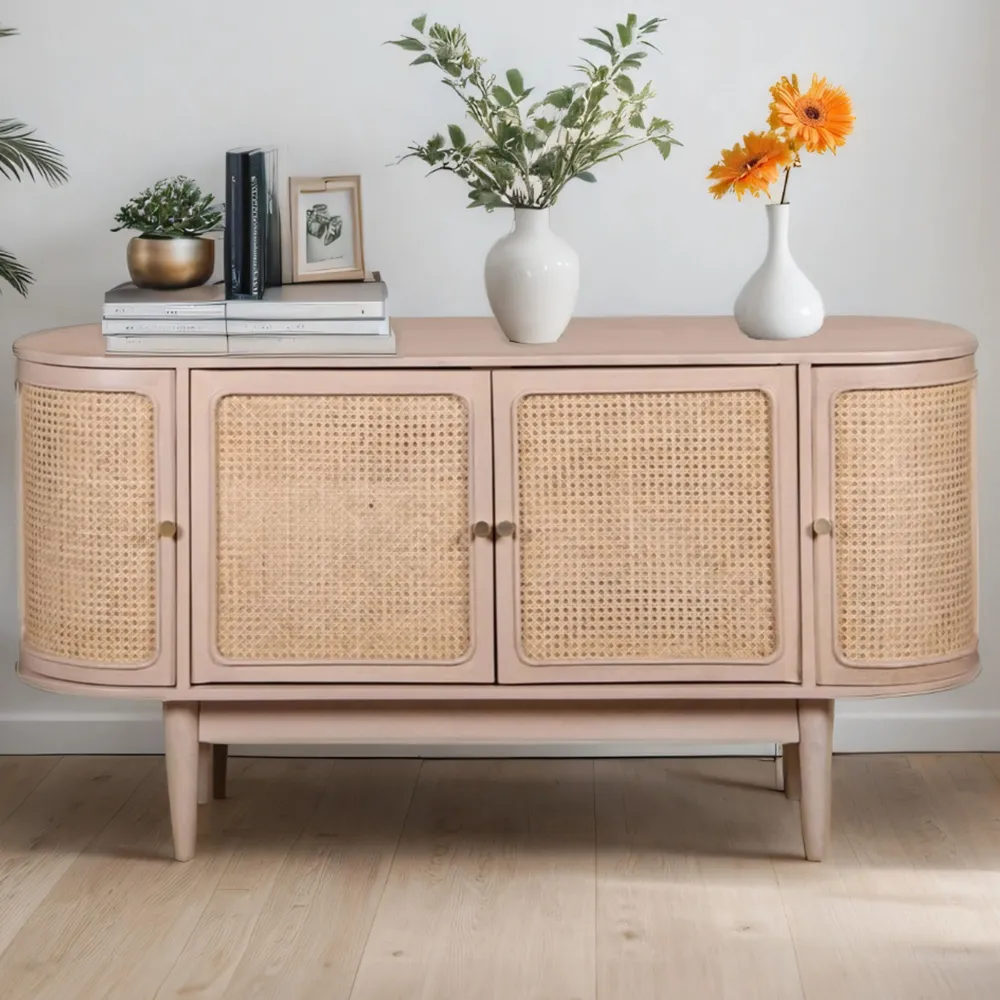4 Door Cane and Mango Wood Sideboard - Brown image