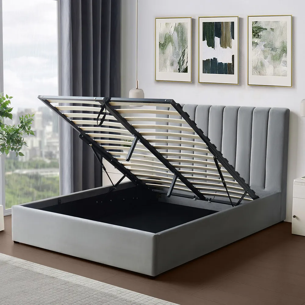 Corwin Double Ottoman Bed with Storage - Grey, Velvet