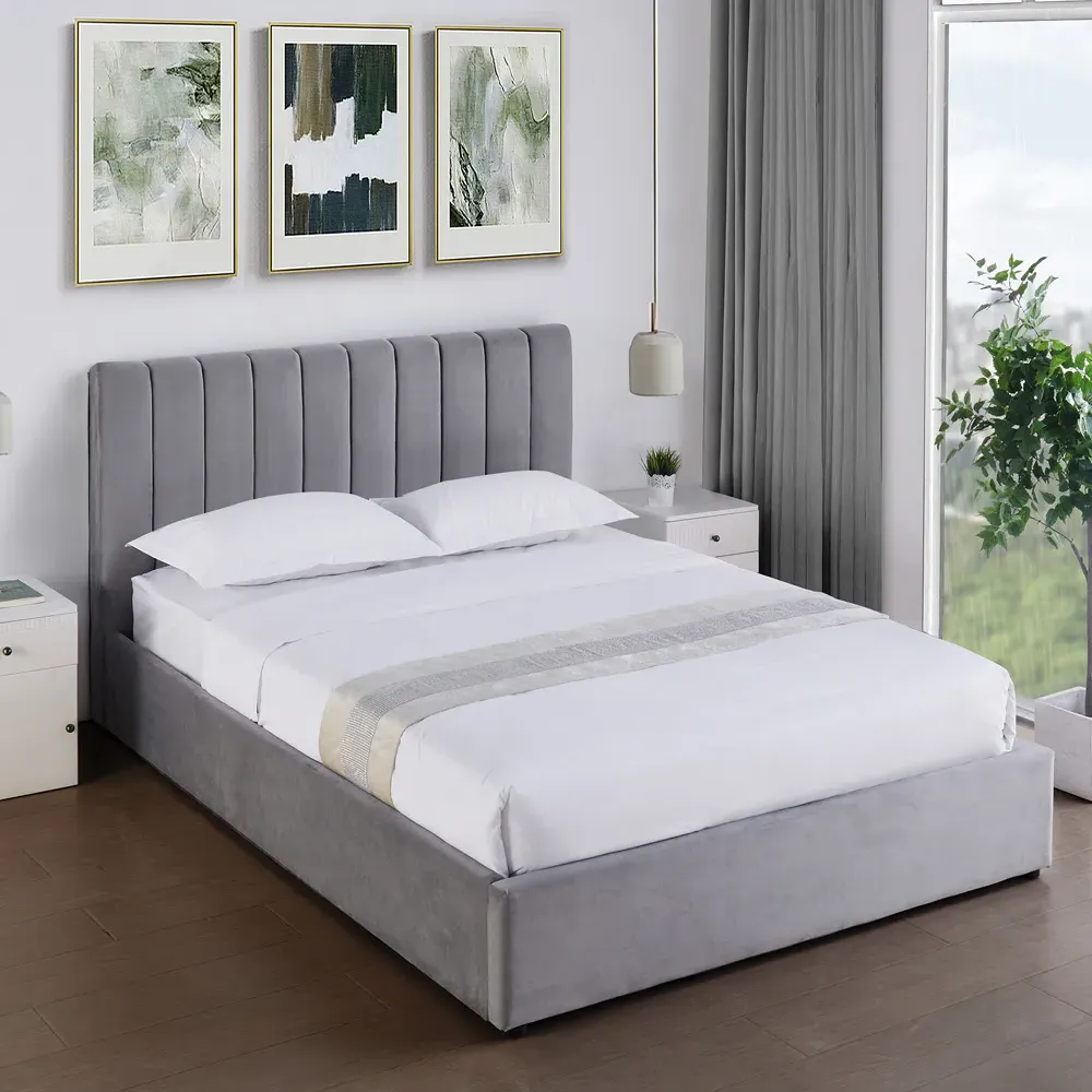 Corwin King Size Ottoman Bed with Storage - Grey, Velvet