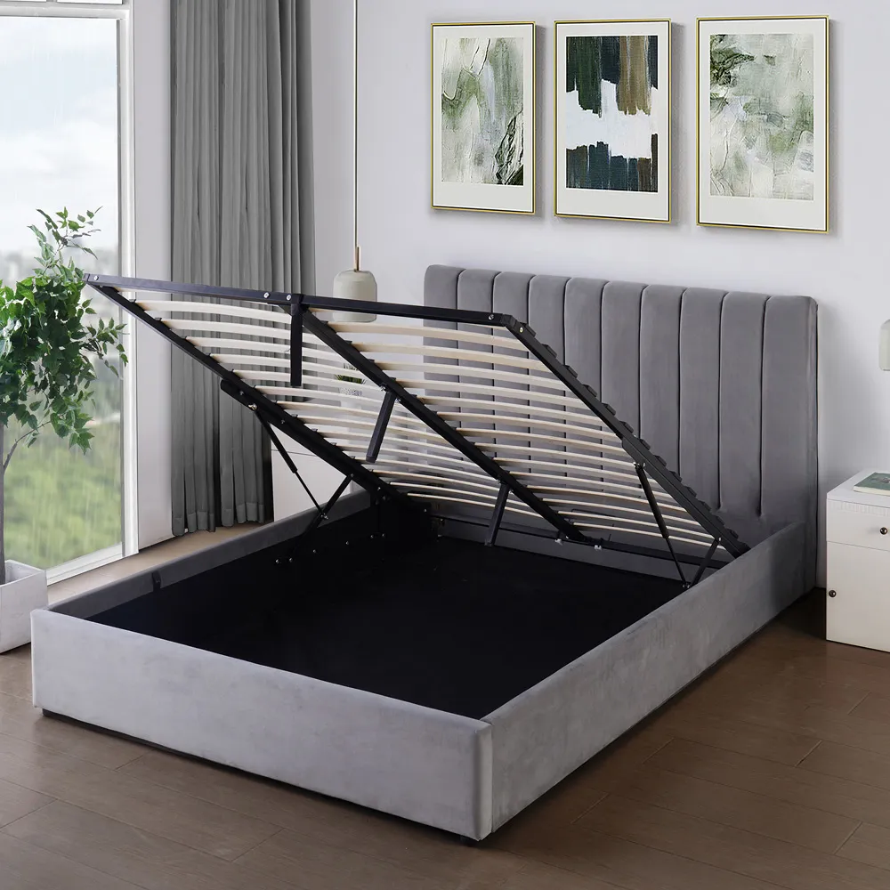 Corwin King Size Ottoman Bed with Storage - Grey, Velvet