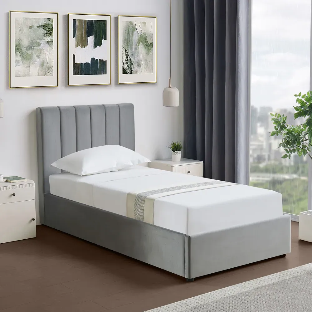 Corwin Single Ottoman Bed with Storage - Grey, Velvet