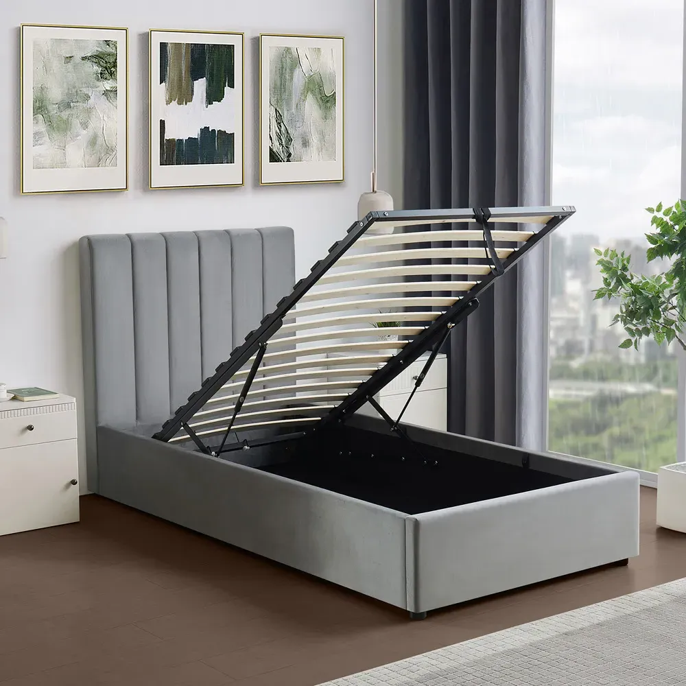 Corwin Single Ottoman Bed with Storage - Grey, Velvet